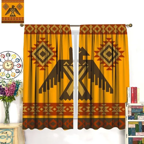 Vista 189 de Cortinas con patrón geométrico tribal, estilo suroeste, azteca, rústico, occidental, nativo americano, opacas, con bolsillo para barra, decoración