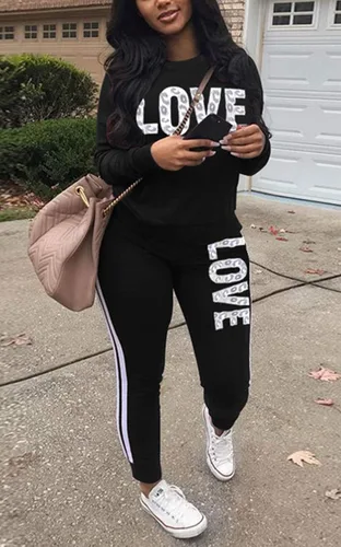 Vista 2 de Angsuttc Conjunto deportivo de 2 piezas con estampado de letras para mujer, sudadera de manga larga y pantalones