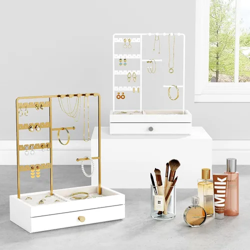 Vista 4 de Soporte organizador de joyas de oro, regalo de cumpleaños para mujeres y niñas, pequeño soporte de joyería para aretes, anillos, pulseras, árbol
