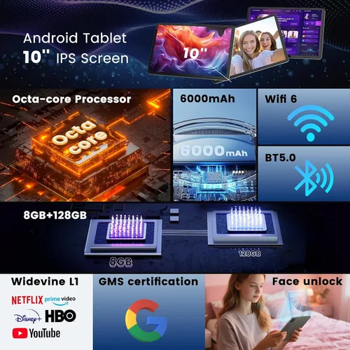 Vista 2 de Tablet Android de 10 Pulgadas, Octa-Core, Tablet Android con 8GB+128GB+1TB de Expansión, WiFi 6, Mini Tablets con Pantalla IPS táctil de 1280 x 800