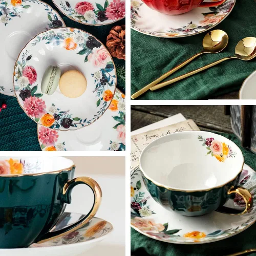 Vista 2 de JOYOFUN Taza y Platillo de Té Verde, Taza de Café de Porcelana con Diseño Floral Forrado de Cerámica Real con Ribete Dorado y Cuchara, Taza