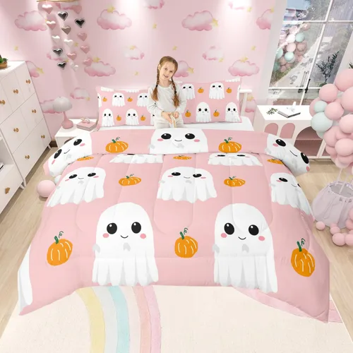 Vista 19 de Castle Fairy Happy Halloween - Juego de edredón para niños, tamaño Queen, juego de ropa de cama con diseño de fantasmas de dibujos animados rosa