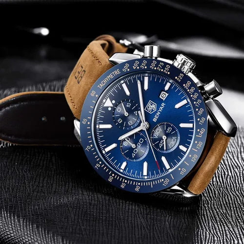 Vista 4 de BENYAR - Relojes de cuarzo para hombre, cronógrafo, de lujo, impermeables, a la moda, de cuero marrón, para hombre