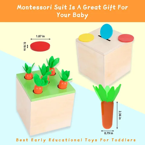 Vista 5 de Adena Montessori Kit de juego de madera Montessori 3 en 1 para bebé, incluye juego de gotas de color con cerillas, juego de cosecha de zanahorias