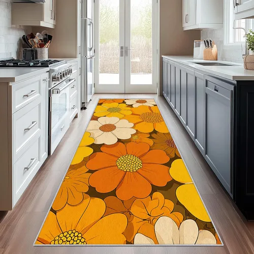 Vista 8 de Alfombra de pasillo de 2 x 4 pulgadas, tamaño pequeño, diseño floral retro de los años 70, antideslizante, lavable, alfombra de decoración del hogar