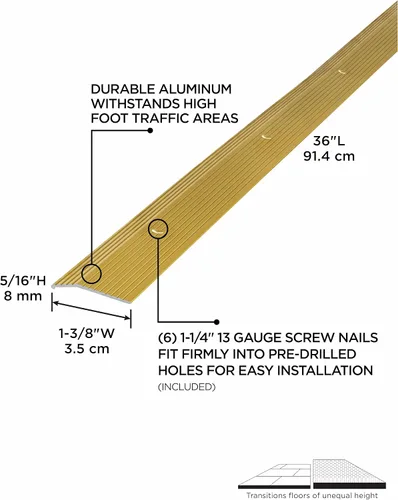 Vista 2 de MD Building - Moldura de alfombra de aluminio, latón satinado, 1-3/8 pulgadas x 36 pulgadas Covers Uneven Flooring Seam, Prevents Fraying Curling