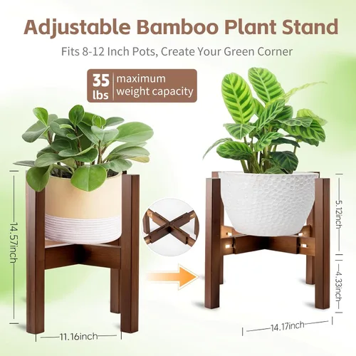 Vista 5 de Soporte ajustable de bambú para plantas de interior, soporte para macetas de 8 a 12 pulgadas para sala de estar, dormitorio, esquina, estante