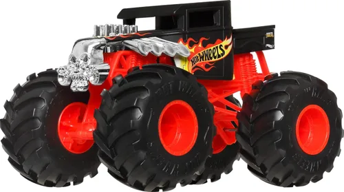 Vista 2 de Hot Wheels Monster Trucks, camión monstruo de gran tamaño, camión de juguete fundido a presión a escala 1:24 con ruedas gigantes y diseños geniales