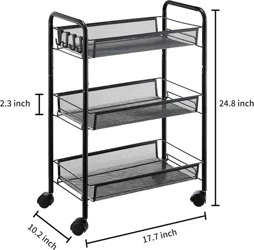 Vista 7 de JANE EYRE Carrito de Almacenamiento Utilitario Rodante de 3 Niveles con Ruedas, Carro Carrito de Manualidades, Estante Organizador Multiusos, Negro
