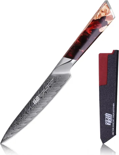 Vista 12 de FINDKING Nebula Series - Cuchillo de cocina con funda de ABS, cuchillo pequeño versátil, hoja de damasco 10Cr15CoMov, mango de resina y sicomoro Azul