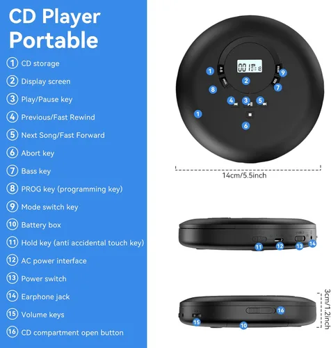 Vista 6 de Gueray Reproductor de CD portátil CD Discman Reproductor de CD portátil para coche con anti-salto a prueba de golpes reproductor de CD personal