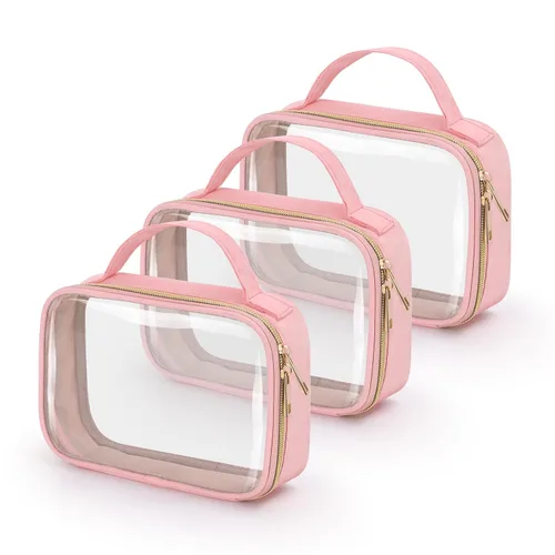 Vista 20 de Bolsa de aseo transparente Wedama, paquete de 2 bolsas de maquillaje transparentes con asas, bolsas cosméticas de PVC para mujeres y hombres, bolsas