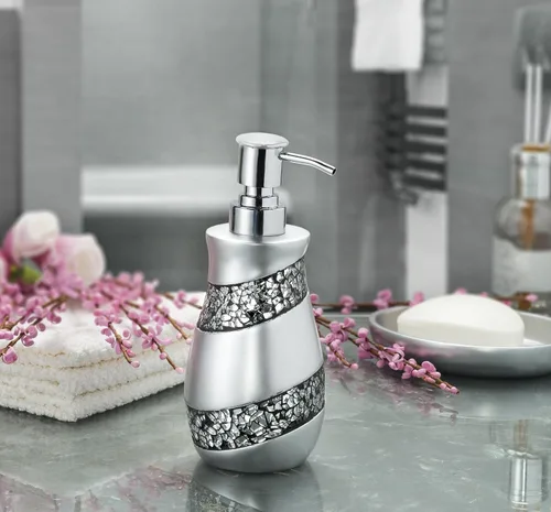 Vista 2 de Creative Scents Dispensador de jabón líquido de mosaico plateado para baño, dispensador de loción decorativo, dispensador de jabón de encimera