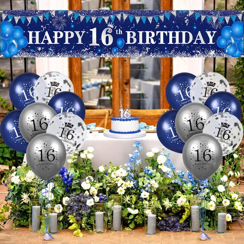 Vista 7 de Decoraciones azules de cumpleaños número 16 para niños y niñas - Pancarta feliz azul marino plateado y globos para suministros de fiesta