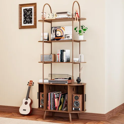 Vista 8 de Soporte Alto para Tocadiscos de Vinilo, Estantería de 4 Niveles con Puertas Corredizas, Gabinete Retro Pequeño para Almacenamiento de Discos