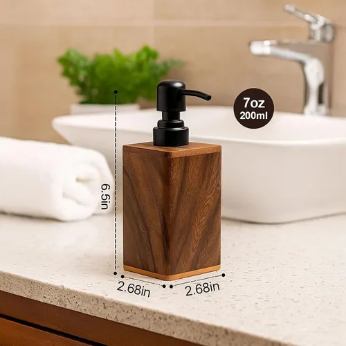 Vista 3 de Dispensador de jabón de madera maciza de 6.8 fl oz para baño, cocina, bomba de jabón de manos recargable de madera, dispensador de loción