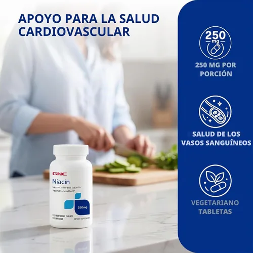 Vista 3 de GNC Niacina 250 mg, apoya la salud de los vasos sanguíneos, 100 tabletas vegetarianas