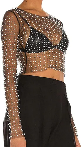 Vista 3 de Blusa de malla de manga larga transparente con diamantes de imitación de perlas para mujer, una pieza