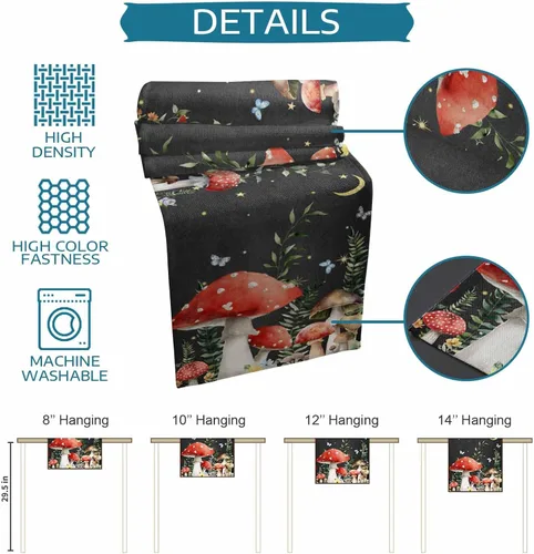 Vista 7 de Camino de mesa de lino y algodón con hongos de granja, luna nocturna y estrellas, bufanda negra de 13 x 60 pulgadas, lavable para cocina, comedor