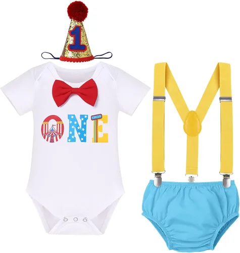 Vista 51 de IBTOM CASTLE Disfraz de carnaval de circo para el primer cumpleaños con temática de carnaval para bebé niño con tirantes y pajarita, sombrero