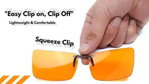 Vista 5 de Vyzia Lentes de bloqueo de luz azul con clip para dormir Se ajustan sobre anteojos recetados, lentes naranjas ayudan a reducir la fatiga ocular