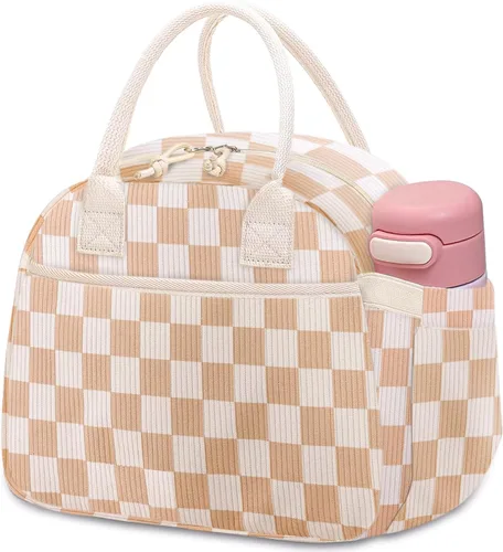 Vista 27 de Carry bloom Lonchera para mujer, lonchera aislada, bonita lonchera de pana reutilizable para el trabajo (1 rayas blancas y negras)