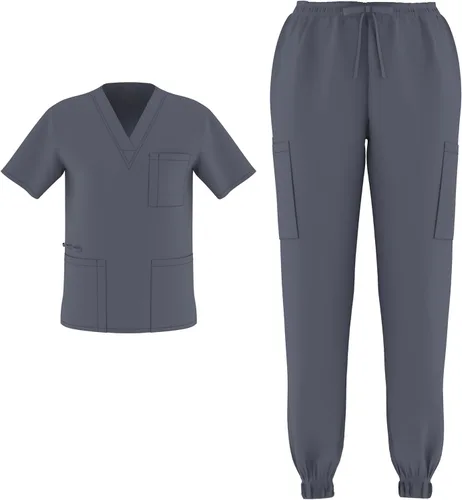 Vista 12 de Conjunto de 2 piezas unisex para hombre y mujer, para enfermería, elástico, flexible, con cuello en V Negro
