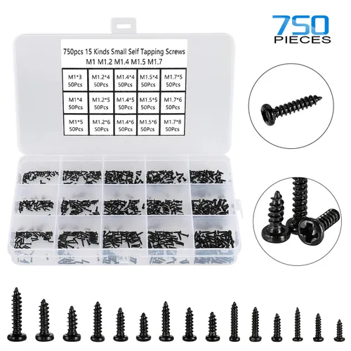 Vista 2 de 750 tornillos negros pequeños para electrónica, M1, M1.2, M1.4, M1.5, M1.7 Tornillos autorroscantes Phillips muy pequeños, tornillos de micro