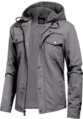 Vista 12 de Pursky Chaqueta de lona de algodón militar casual para hombre con capucha desmontable
