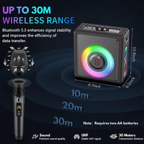 Vista 7 de Máquina de karaoke, altavoz portátil Bluetooth 5.3 con 2 micrófonos inalámbricos para adultos, sistema PA con corrección de tono y ajuste de eco