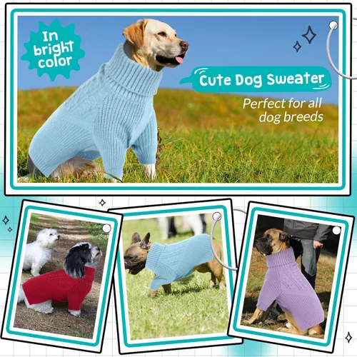 Vista 6 de Queenmore Suéter de invierno para cachorros – Suéter cálido de invierno para perros medianos y medianos, manga larga, cuello alto, azul, XS