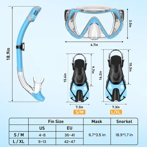 Vista 5 de Snorkeling Gear Set for Adults – Dry Top Snorkel Set, Panoramic Anti-Fog Mask, Adjustable Swim Fins – Travel Diving Kit with Storage Bag