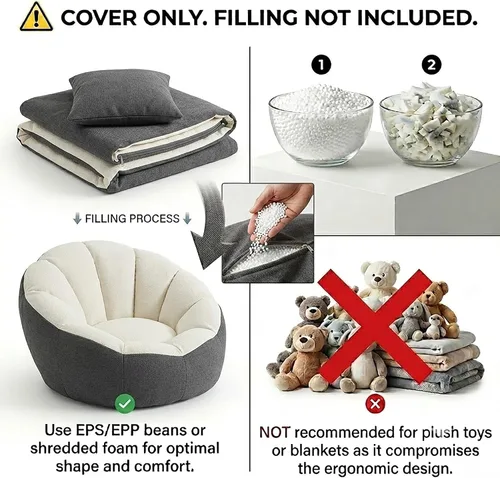 Vista 3 de Funda para puf + funda para reposapiés, funda para puf en forma de pétalo (sin frijoles), sofá perezoso para niños, adultos, parejas, silla de puf