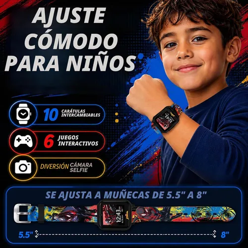 Vista 5 de Reloj inteligente Marvel Spider-Man para niños: características divertidas con cámara, grabadora de voz, rastreador de pasos y juegos, Multicolor