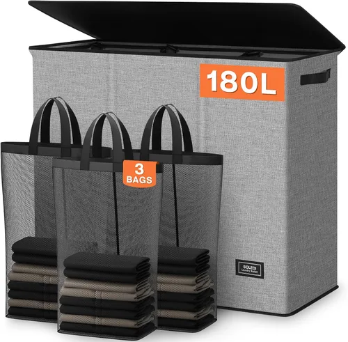 Vista 15 de SOLEDI Cesta de lavandería de 3 secciones de 180L con tapa, cesta de ropa sucia extragrande con asas resistentes para lavandería y dormitorio