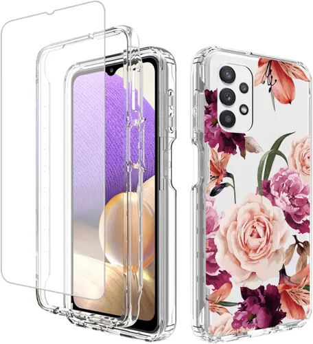 Vista 9 de Funda para Galaxy A32 5G/M32 5G SM-A326 con protector de pantalla de vidrio templado, cuerpo completo, transparente, flexible, con diseño floral