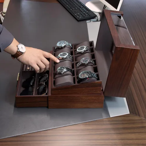 Vista 2 de KAMIER Caja organizadora de relojes con 12 ranuras para hombres, organizador de caja de reloj de madera de dos niveles para hombres con soporte