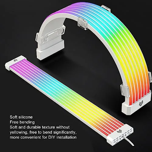 Vista 5 de Zunate Cable de GPU ARGB con funda de fuente de alimentación, kit de extensión ATX RGB de 24 pines, cable PSU sincronizado de 5 V y 3 pines
