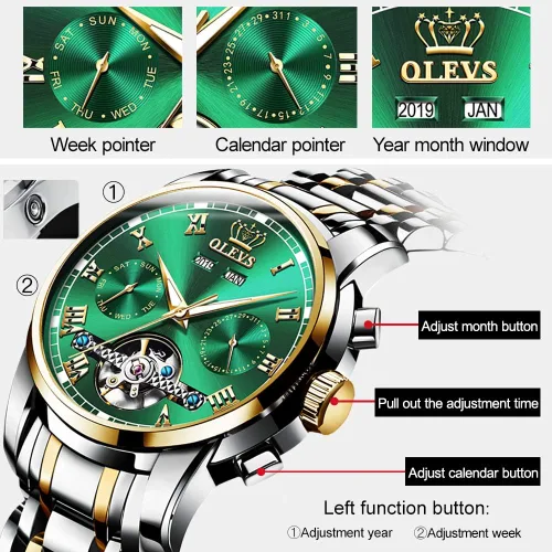 Vista 5 de OLEVS Relojes de cuerda automática para hombre vestido mecánico automático Tourbillon de acero inoxidable doble calendario impermeable luminoso