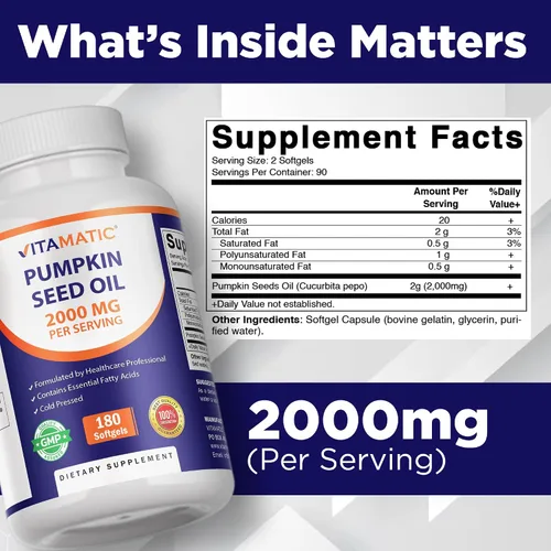 Vista 2 de Vitamatic Aceite de semilla de calabaza 2000 mg cápsulas de cápsulas, 180 cápsulas blandas 1000mg por cápsula blanda