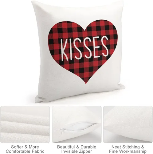 Vista 18 de Red and Black Buffalo Plaid Love Heart Hugs and Kisses Decorative Pillow Cover for Sofa Couch Chair Office Decor 16"x16",Romantic Valentine Pillow