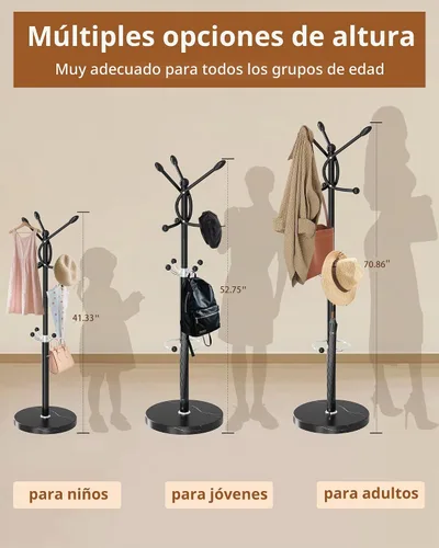 Vista 3 de Perchero de metal con base de mármol natural, perchero con 12 ganchos y soporte para paraguas, perchero moderno negro, perchero para colgar abrigos