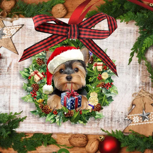Vista 3 de Talataca Adorno Colgante de Perro Yorkshire Terrier con Sombrero Corona de Yorkie Amante de Perros Adorno Plano 2D de Árbol de Navidad en Madera