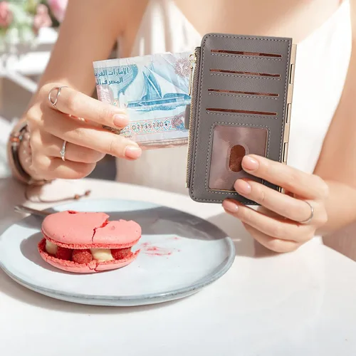 Vista 5 de Badiya Tarjetero de crédito para mujer, cartera RFID para mujer, organizador de tarjetas plegable delgado con funda para múltiples tarjetas
