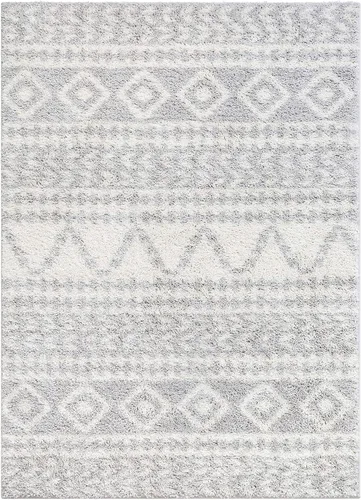 Vista 3 de Well Woven Madison Shag Cossima - Alfombra tribal marroquí gris de 5 pies 3 pulgadas x 7 pies 3 pulgadas, crema, 5 pies 3 pulgadas x 7 pies 3