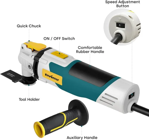 Vista 7 de Enventor Sierra multiherramienta, sierra oscilante eléctrica con 43 accesorios, mango auxiliar, máximo 22,000 OPM, 6 velocidades variables, ángulo