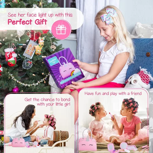 Vista 7 de Kit de maquillaje de simulación para niñas pequeñas con bolso de unicornio: juego de juguetes de maquillaje falso (no real) para niños pequeños