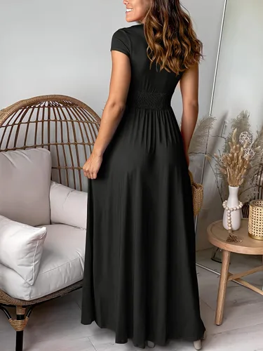 Vista 4 de ANRABESS - Vestido largo de manga corta con cuello en V profundo para mujer, plisado, cintura alta, abertura lateral, para club, fiesta y noche