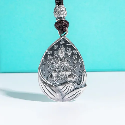 Vista 2 de AnuClub Collar con colgante de escultura de Buda Guanyin de plata de ley S999, amuleto de la suerte, joyería de San Patrono del zodiaco chino