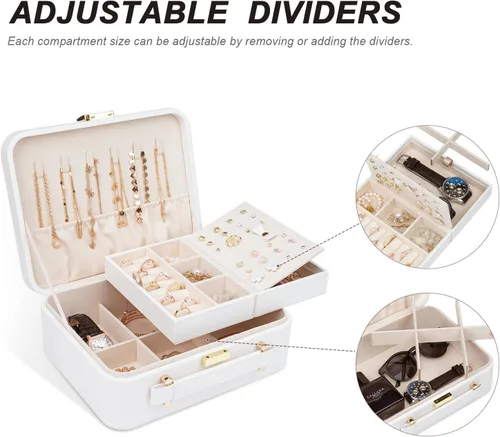 Vista 6 de V-LAFUY Joyero blanco, organizador de joyas de viaje grande, organizador de joyas de 2 capas, organizador de joyas de viaje para mujeres, estuche